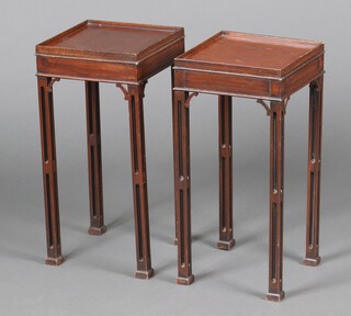 A pair of square Chippendale style mahogany urn tables, raised on square pierced supports 56cm h x 27cm w x 27cm d 