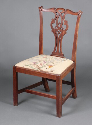 A 19th Century mahogany Chippendale style slat back dining chair with pierced carved slat back and Berlin wool work drop in seat, raised on  supports with H framed stretcher 94cm h x 54cm w x 33cm d (seat 24cm x 26cm) 