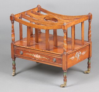 A Victorian style floral painted mahogany 4 division Canterbury, the base fitted a drawer, raised on casters, 47cm h x 49cm x 35cm d 