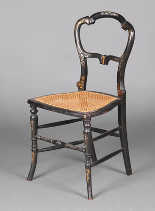A Victorian papier mache and inlaid mother of pearl bedroom chair with woven cane seat, raised on turned supports 81cm h x 40cm w x 36cm d (seat 27cm x 26cm) 