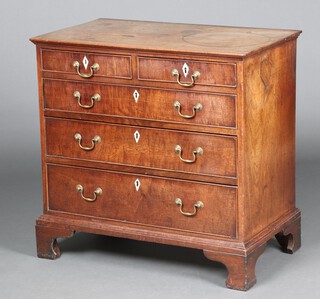 A Georgian mahogany chest of 2 short and 3 long drawers with brass swan neck drop handles and diamond shaped ivory escutcheons, raised on bracket feet 77cm h x 80cm w x 46cm d  Ivory Exemption Certificate VSH77YH4