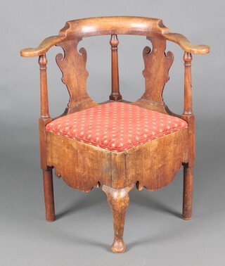 A Georgian bleached mahogany slat back corner commode chair, raised on cabriole supports 80cm h x 76cm w x 54cm d (seat 20cm x 20cm)  
