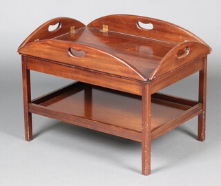 A Georgian style rectangular mahogany folding butler's tray coffee table, raised on square supports with undertier 47cm h x 77cm w x 53cm d 