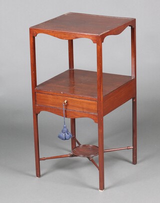 A Georgian square mahogany 2 tier night table fitted a drawer, raised on square supports with X framed stretcher 39cm h x 40cm 