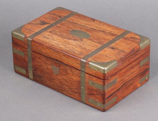 A Victorian rosewood and brass banded travelling box with fitted interior and 2 polished steel boot hooks 10cm h x 24cm w x 14cm d 