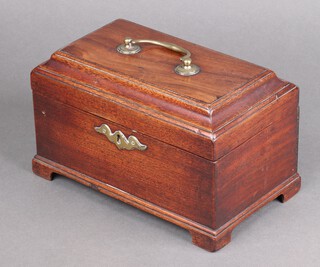 A Georgian mahogany rectangular trinket box with fitted interior, hinged lid and brass swan neck handle, raised on bracket feet 13cm h x 22cm w x 13cm d 