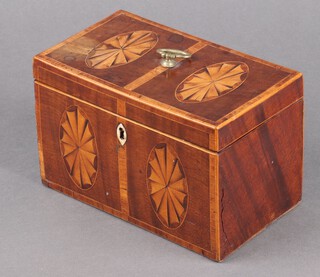 A Georgian inlaid mahogany twin compartment tea caddy, inlaid oval fan motifs, with hinged lid, brass handle and ivory escutcheon 11cm x 17cm x 11cm Ivory Exemption Certificate GBUEVUH4