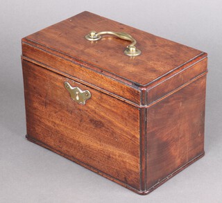 A Georgian rectangular mahogany caddy with brass swan neck drop handle and brass escutcheon 16cm x 23cm x 13cm 