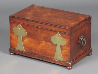 A 19th Century rosewood box/small coffer with hinged lid, the interior fitted a candle box and 2 short drawers, fitted 3 locks 2 with Ace of Spades brass mounts to the front and brass ring drop handles to the sides, raised on bun feet 31cm x 51cm x 31cm d 