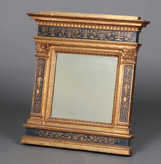 A 19th Century rectangular plate mirror contained in a green and gilt painted frame with moulded and dentil cornice 56cm h x 54cm w x 9cm d 