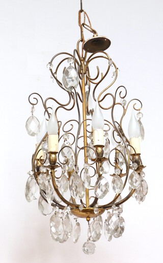 A gilt metal 6 light electrolier with oval glass drops 50cm h x 33cm 