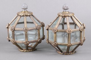 A pair of 20th Century octagonal gilt metal light shades 24cm x 20cm, 1 missing 5 cut glass faceted panels and 1 missing 4 panels