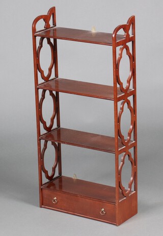 A Chippendale style mahogany 4 tier wall shelf with pierced panels to the sides, the base fitted a drawer 86cm h x 40cm w x 17cm d 