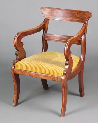 A 19th Century Continental inlaid mahogany bar back open arm chair with upholstered drop in seat, raised on sabre supports 81cm h x 49cm w x 50cm d (seat 30cm x 31cm) 