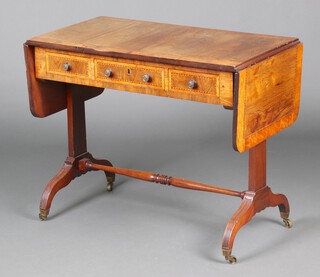 A Regency bleached rosewood and Birds Eye maple crossbanded sofa table fitted 1 long and 2 short drawers, raised on standard end supports with H framed stretcher 73cm h x 89cm w x 49cm d 
