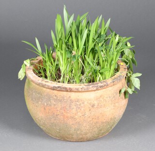 A well weathered circular terracotta garden plant pot 33cm h 