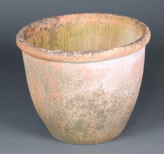 A well weathered circular terracotta garden urn, 49cm h x 60cm diam. 