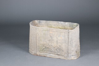 An 18th/19th Century cast lead oval planter with panelled decoration, cast classical charioteers 49cm h x 74cm w x 35cm 