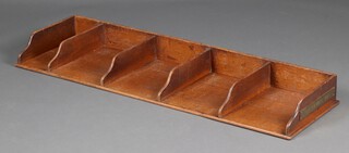 An oak 5 section filing tray with plaque MAJ DH HILLS RHF to right end 12cm h x 136cm w x 40cm d 