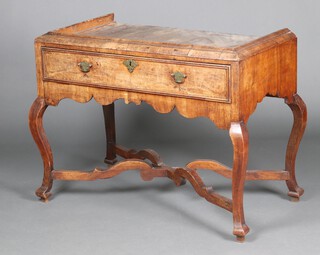 A Queen Anne walnut chest on stand base fitted 1 long drawer, raised on cabriole supports with X framed stretcher 79cm h x 102cm w x 57cm d 