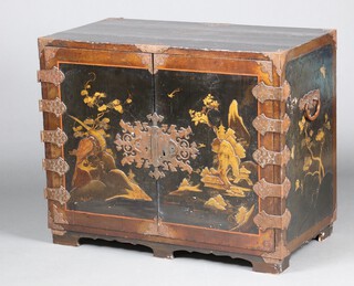A 19th Century William and Mary style Chinese black lacquered cabinet with gilt decoration of landscape, trees, ornamental pheasants and pavilion, raised on bracket feet 76 cm h x 93cm w x 50cm d (the interior later converted for use as a cocktail cabinet) 