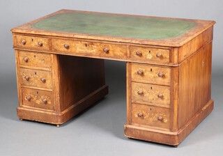 A Victorian inlaid figured walnut desk with green inset writing surface above 1 long and 8 short drawers 74cm h x 138cm w x 79cm d 