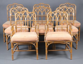 John and Elinor McGuire McGuire/Ebro Furniture, a set of 8 mid century bamboo dining chairs comprising 2 carvers and 6 standard chairs with swab cushions, labelled MAGUIRE EBRO, 92cm x 58cm x 50cm 