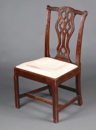 A 19th Century carved mahogany Chippendale style slat back dining chair with pierced vase shaped slat back and upholstered seat, raised on square supports with H framed stretcher 96cm h x 52cm w x 43cm d (seat 30cm x 31cm) 