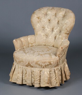 A 1940's boudoir chair upholstered in yellow buttoned material, 75cm h x 61cm w x 50cm d (seat 28cm x 33cm) 