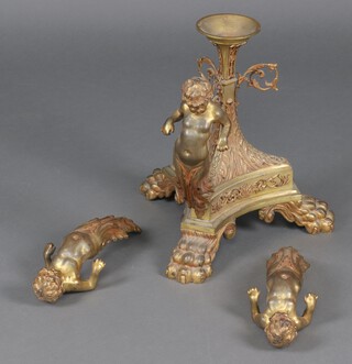 A  19th Century gilt ormolu table base supported by 3 standing cherubs, raised on chamfered column with paw feet 46cm h x 56cm diam. 
