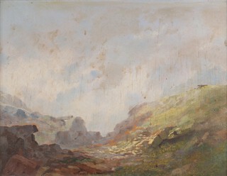 T D.. ? Rocky outcrop landscape, oil on board, 29cm x 38cm, framed 