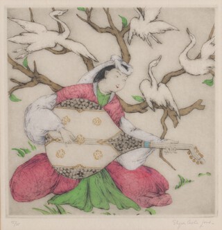 Elyse Ashe Lord (British 1900-1971), study of a lady playing a lute with birds amongst trees, coloured etching, signed in pencil, number 15 of 75, 29cm x 27.5cm, framed 