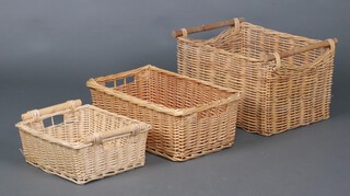 A rectangular woven willow twin handled basket 33cm x 55cm x 42cm, together with 2 others 
