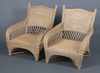 A pair of wicker and cane armchairs 72cm h x 64cm w x 57cm d (both cut down)