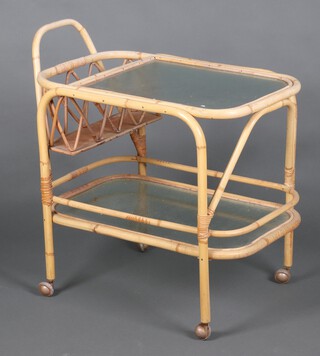 A 1950's rectangular bamboo 2 tier drinks trolley with glass panels 73cm w x 51cm d