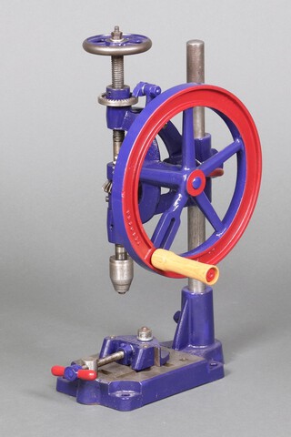 A vintage blue and red painted pillar drill 56cm h x 17cm x 25cm 