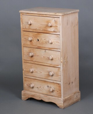 A stripped pine pedestal chest of 5 drawers, raised on bracket feet 88cm h x 49cm w x 30cm d 