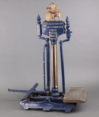 A pair of 19th Century blue & gold painted brass scales marked Herbert & Sons Ltd, 6 & 7 West Smithfield, London 