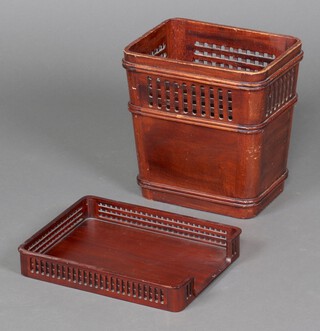 A wooden waste paper basket and a matching "in tray"