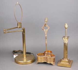 A reeded bass table lamp on a stepped column with Corinthian capital 32cm x 14cm (dents to base), a gilt metal 3 bottle stand converted to a table lamp 50cm h x 12cm, a blue glazed pottery lamp and a modern adjustable brass table lamp 