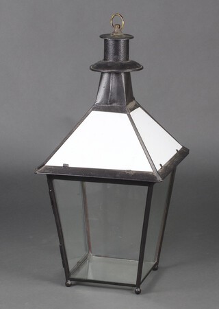 A 19th Century style square pressed metal and glass hanging lantern of waisted form 89cm h x 40cm x 40cm