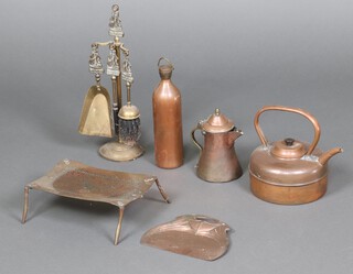 Joseph Sankey and Sankey, an embossed copper crumb tray, a rectangular brass footman, a copper kettle and a copper hotter bottle, etc 