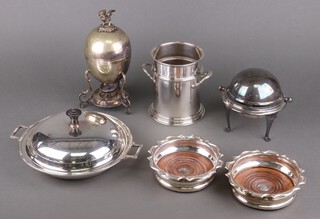 An Edwardian silver plated egg coddler, a pair of coasters and other items of silver plated ware 