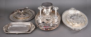 A silver plated oval galleried tray 50cm and other items of plated wares 