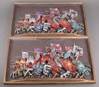 Two Marcus replica composition panels of knights on horse back 30cm h x 50cm w  