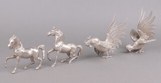 Two silver plated figures of cockerels and 2 of horses 