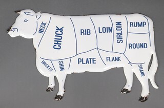An enamelled "butcher's" sign in the form of a cow indicating the cuts of meat 49cm x 80cm 