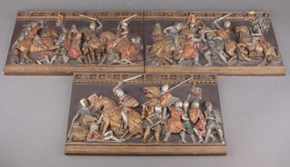 Three Marcus Design composition panels of Battle Scenes (some chips) 24cm x 41cm 
