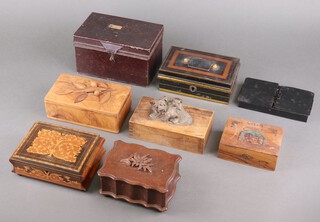 A carved wooden trinket box with a dog and puppy 20cm, 6 other boxes and tins