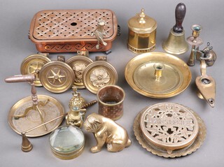 A brass figure of a bull dog and other items of brassware
